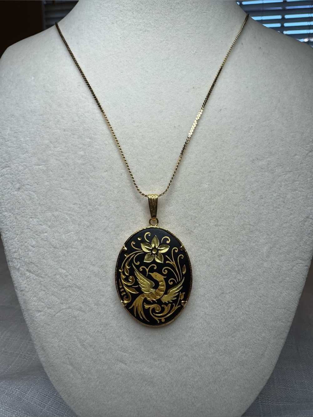 Vintage Damascene Gold and Black Floral Bird Pendant Necklace